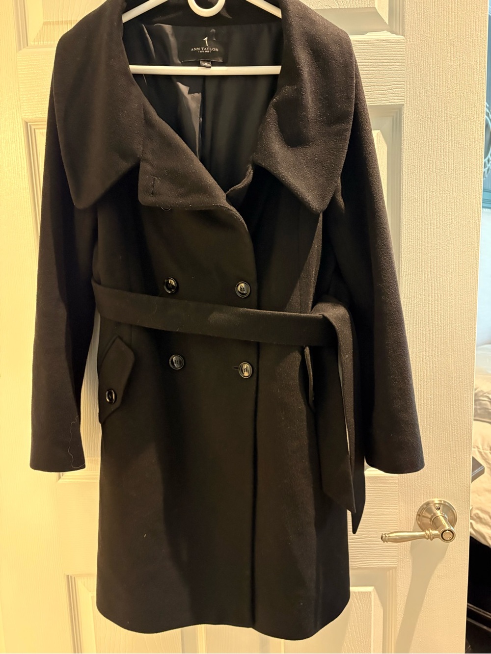 Ann Taylor Black Double-Breasted Belted Trench Coat
